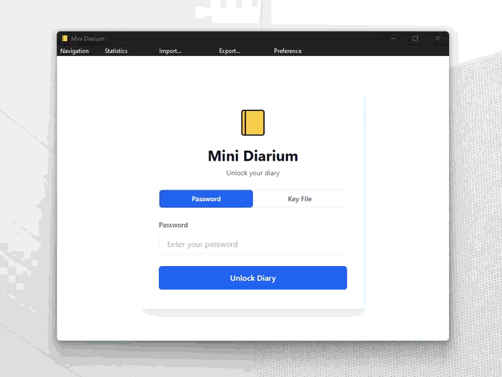 Mini Diarium in action: calendar navigation, rich text editor, and encrypted entry saving
