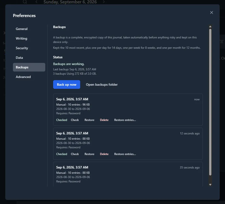 Backups panel listing three manual snapshots with their entry counts, sizes, and Check, Restore, Delete, and Restore entries actions