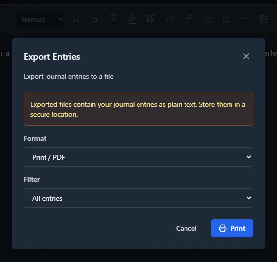 Export Entries dialog with format and filter dropdowns