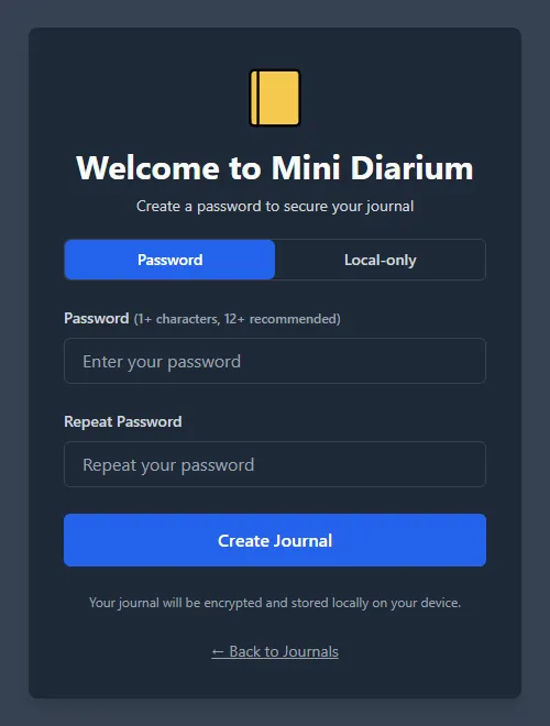 Journal creation screen with password and confirm password fields
