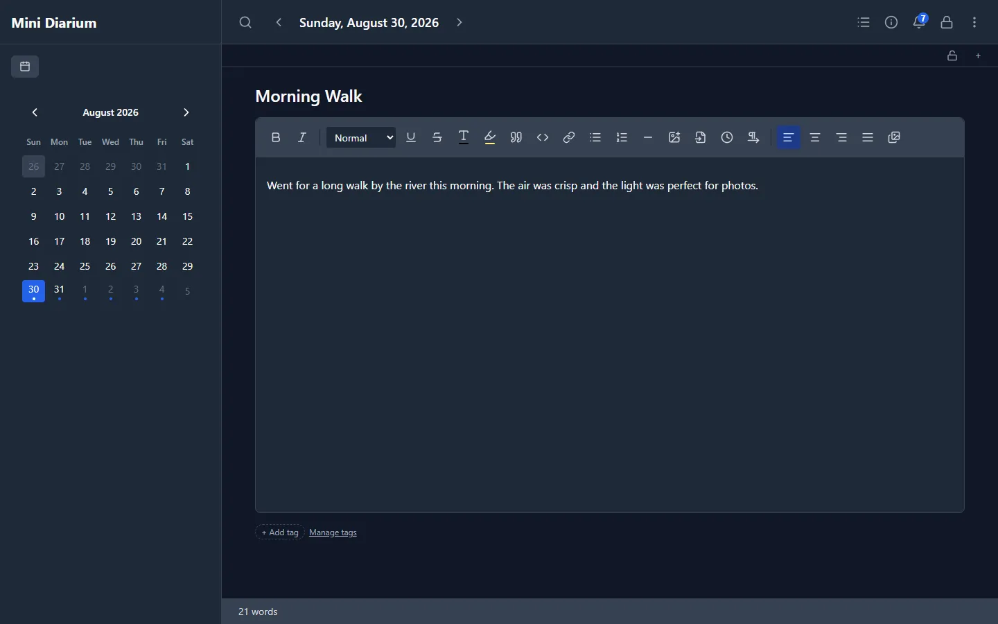 Mini Diarium main window with the calendar sidebar and an unlocked journal entry open in the editor
