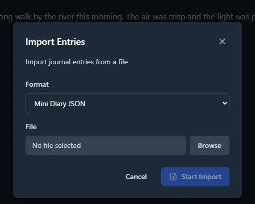 Import Entries dialog with a format dropdown and a file picker