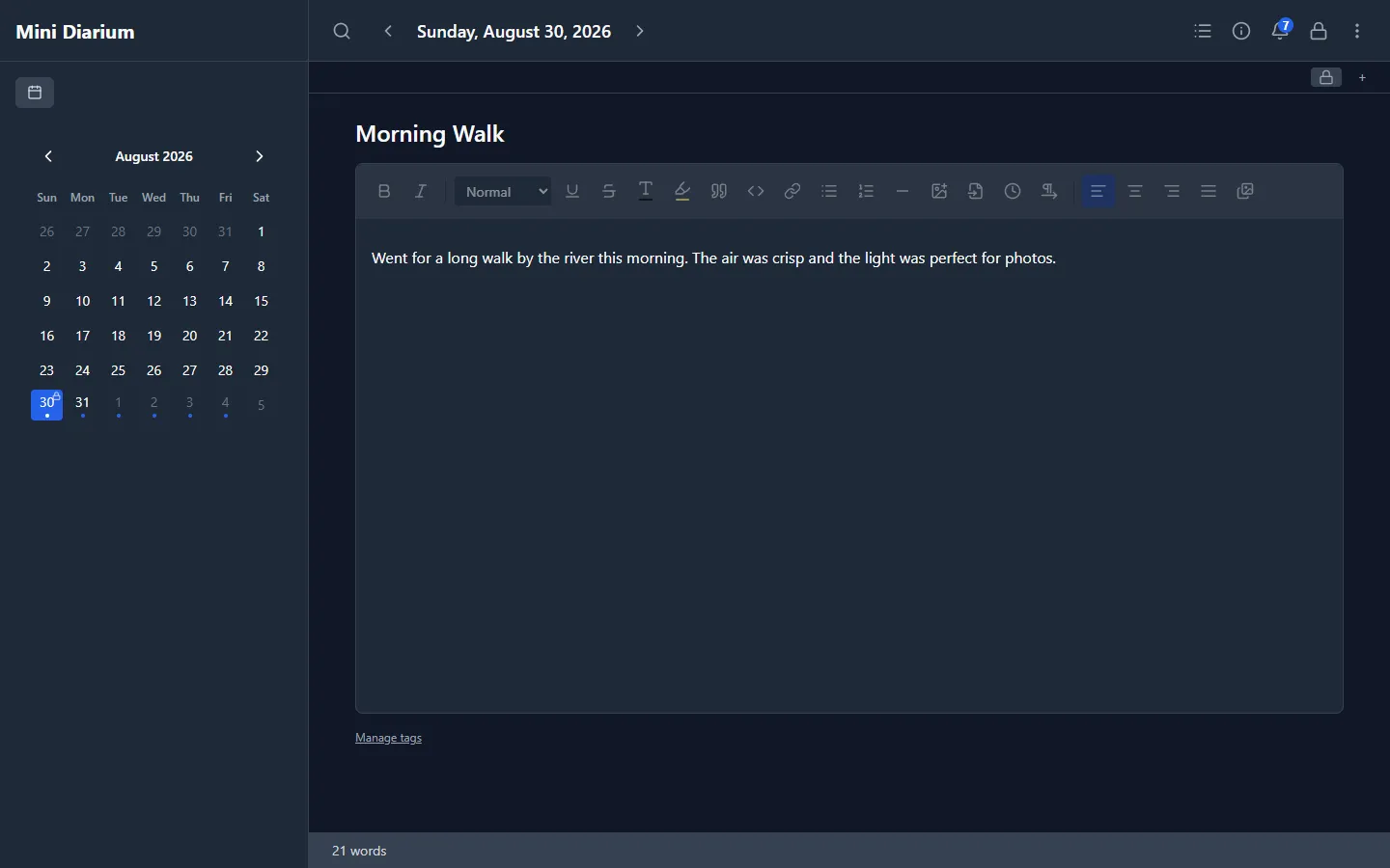 Calendar sidebar with entry dots and a lock indicator, next to an open journal entry