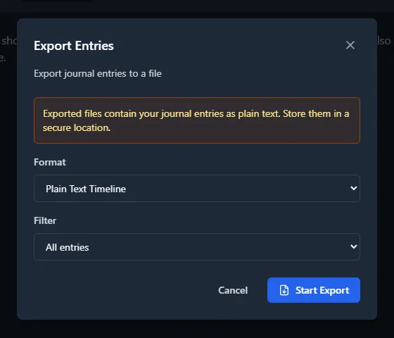 Export Entries dialog with a custom plugin format, "Plain Text Timeline", selected in the Format dropdown
