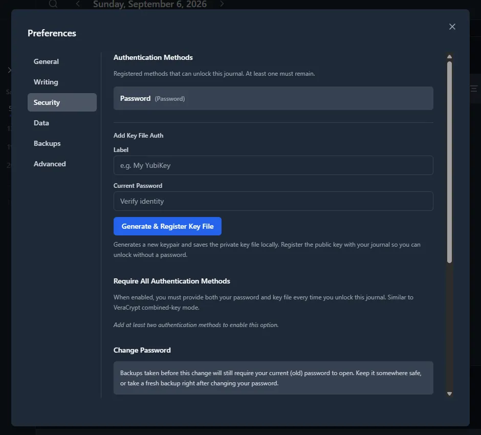 Security preferences tab showing registered authentication methods and the key file registration form