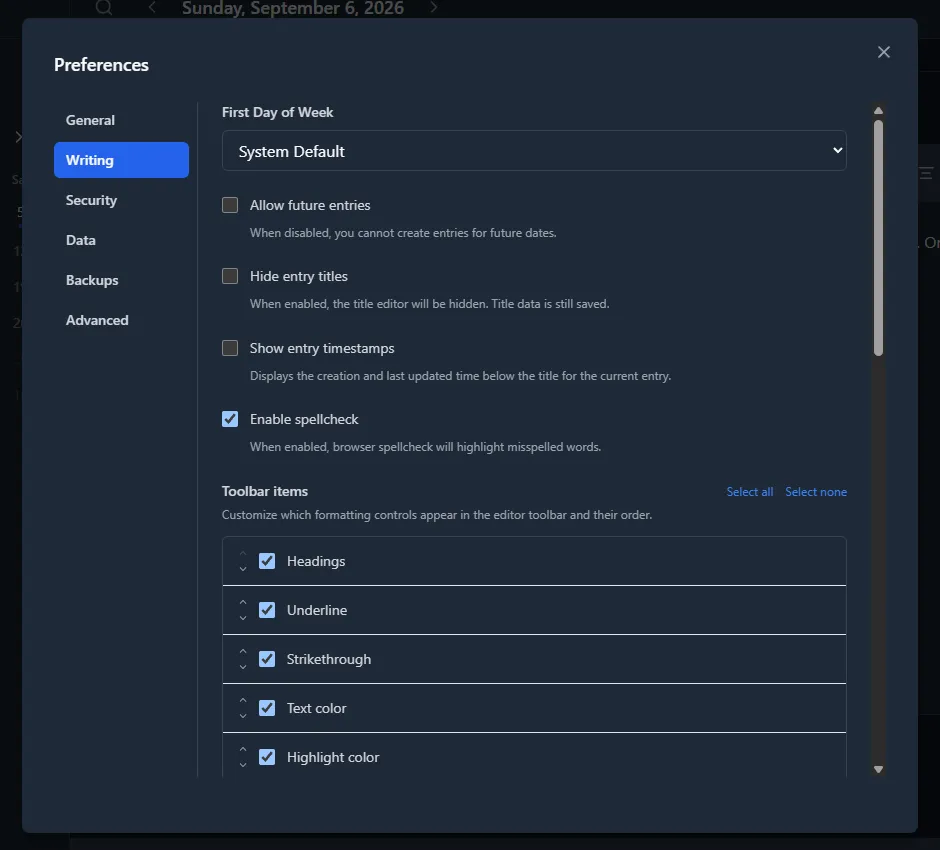 Writing preferences tab with First Day of Week, spellcheck, and the toolbar item customization list