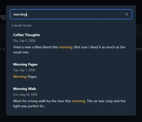 Search overlay with a query and three matching results, each with the matched word highlighted