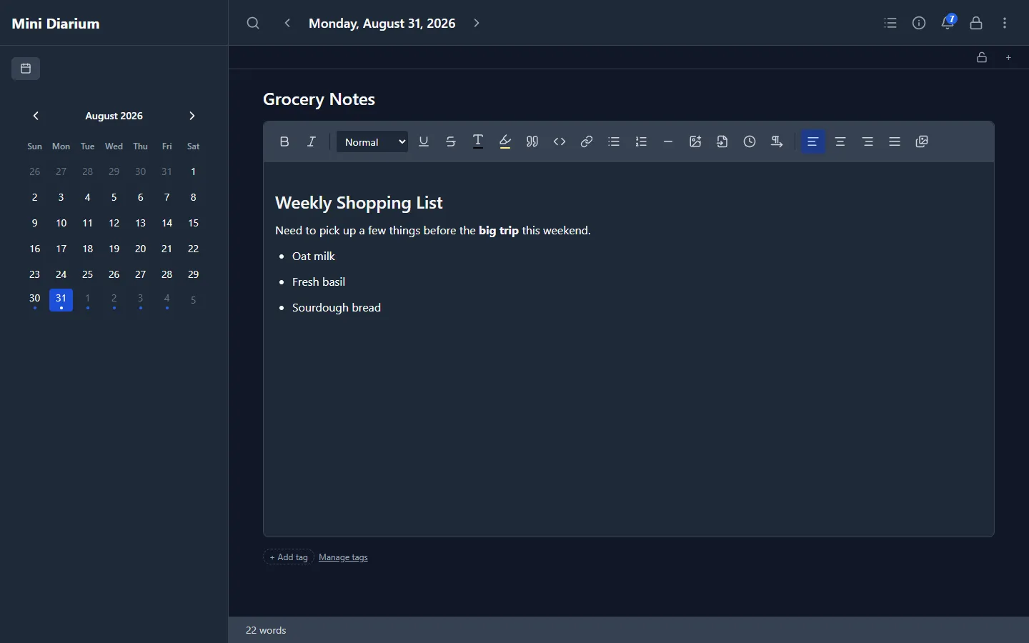 Editor toolbar above a formatted entry with a heading, bold text, and a bullet list