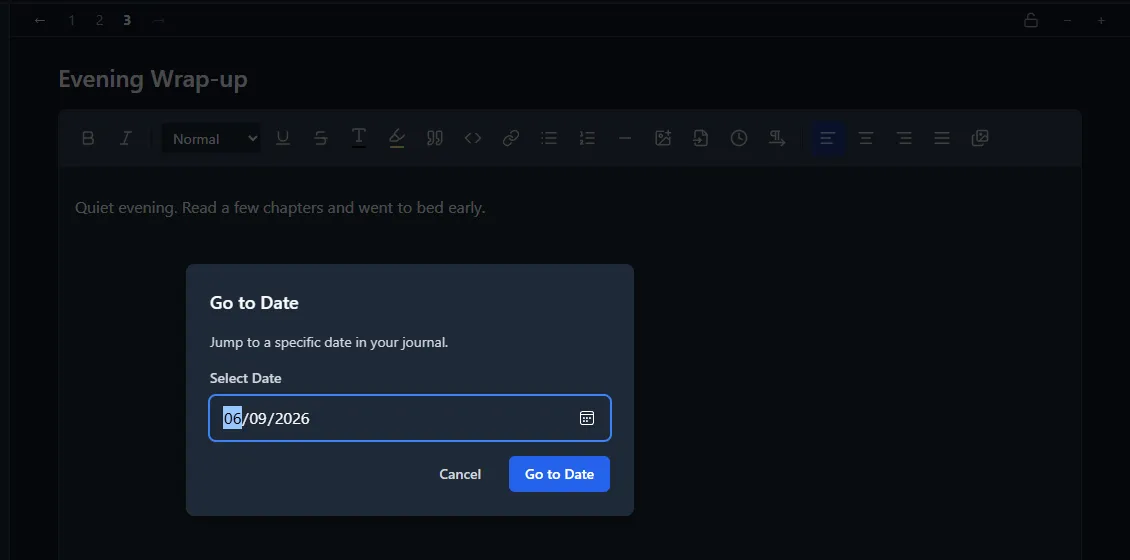 Go to Date dialog with day, month, and year fields, over an entry that has multiple entries for the same date